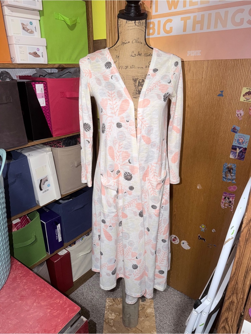 LuLaRoe Cream Floral Cardigan Dress with Peach and Gray Leaf Print